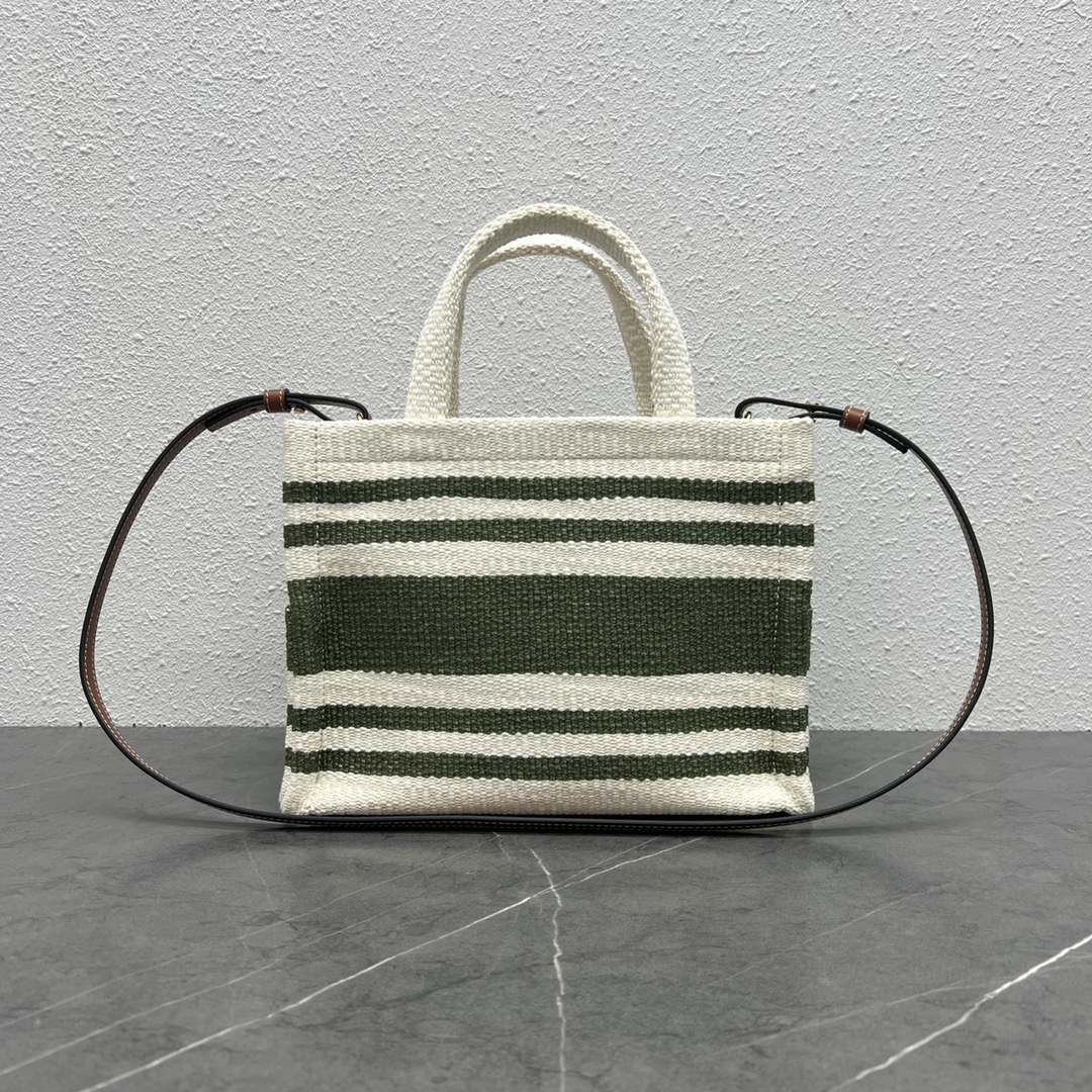 Celine Small Cabas Thais In Striped Textile And Calfskin Cream/Green 199162